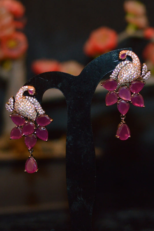 Maroon Stone Peacock AD Earrings